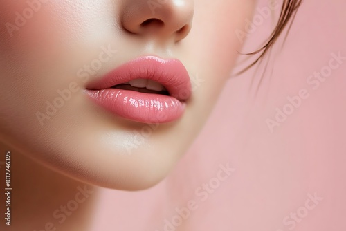 Closeup macro portrait of female part of face. Woman lips with pink beauty makeup.