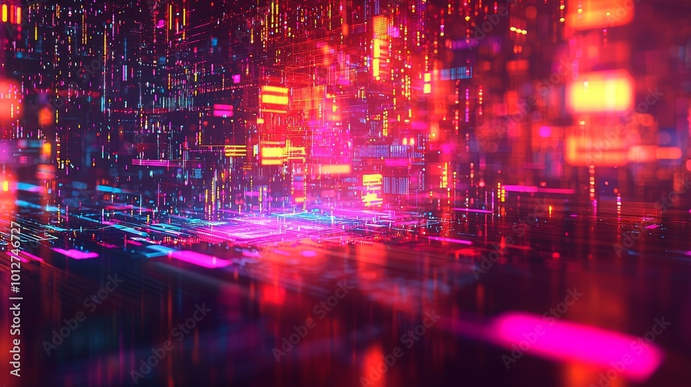 Fototapeta premium Neon Cityscape Abstract Digital Art, Futuristic, cyberpunk , 3D Render, glowing lights, urban, city