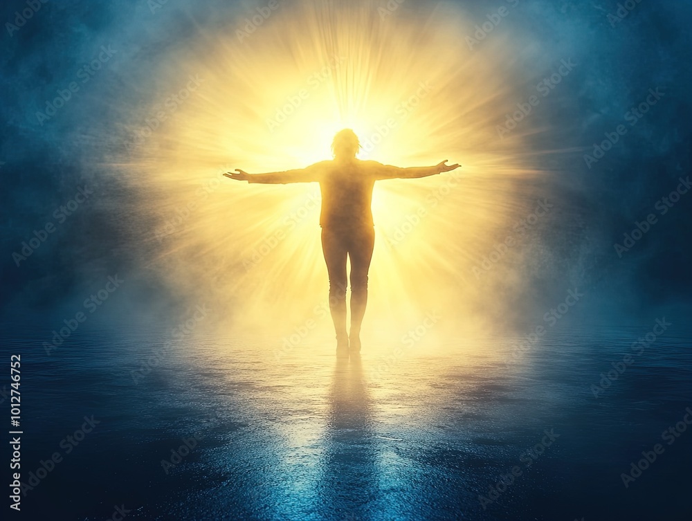Embrace Freedom: A Striking Poster of Ecstasy and Possibility, Perfect for Sports Interiors – A Silhouetted Figure Illuminated by Glowing Light Amidst a Foggy Darkness and Shimmering Reflections Embrace Freedom: A Striking Poster of Ecstasy and Possibility, Perfect for Sports Interiors – A Silhouetted Figure Illuminated by Glowing Light Amidst a Foggy Darkness and Shimmering Reflections