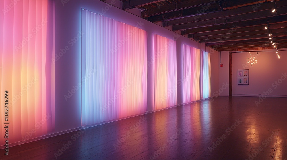 Neon Curtain Installation in Minimalist Gallery, abstract art, interior design ,gallery art Neon Curtain Installation in Minimalist Gallery, abstract art, interior design ,gallery art