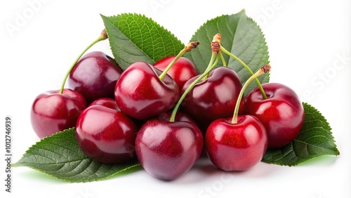 Fresh cherries with leaves isolated on white background reflected