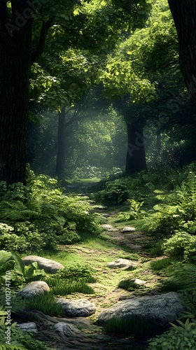 Lush forest path illuminated by soft sunlight through trees.