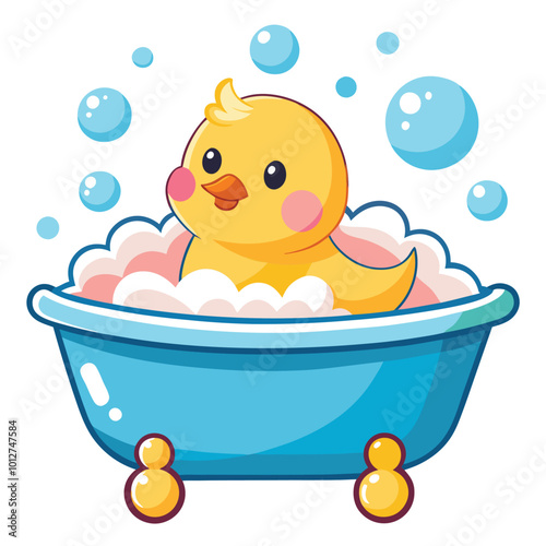 Cute Baby Duck in Tub vector illustration isolated on a white background