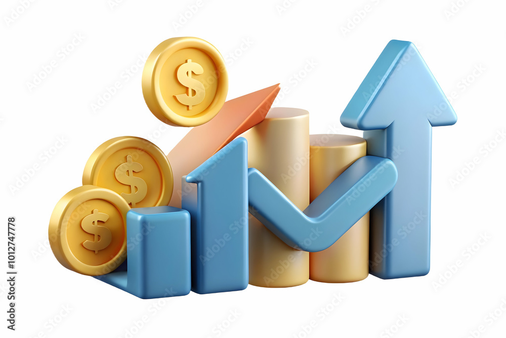 Abstract Financial Growth Representation with Ascending Arrows and Currency Symbols on Glossy White Background, Emphasizing Upward Trends for Investment Services, Financial Planning, and Business Grow