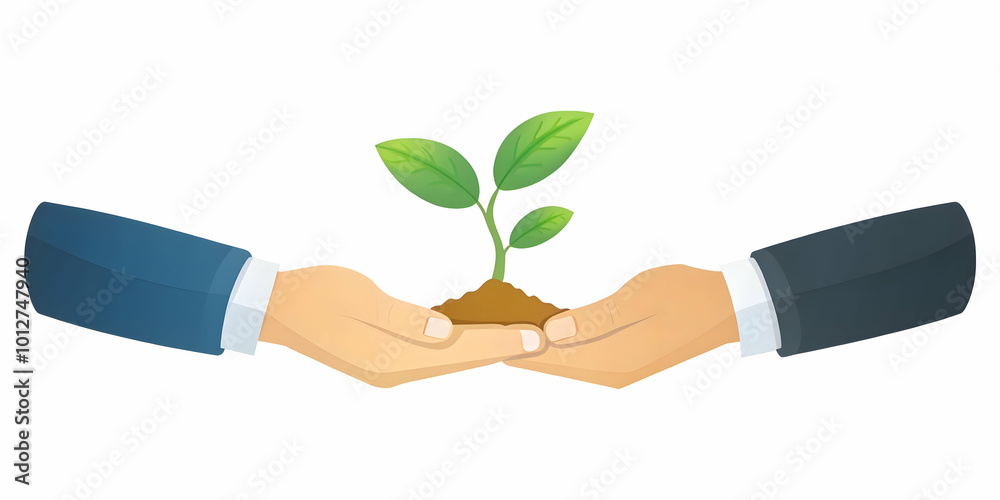 Flat Floating Hands Holding Seedling concept as Hands hold a seedling as they float mid air against a white background. The camera focuses on the seedling symbolizing growth and community nurtured thr