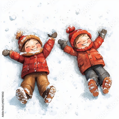 Two happy children making snow angels in winter, dressed in red coats and hats photo