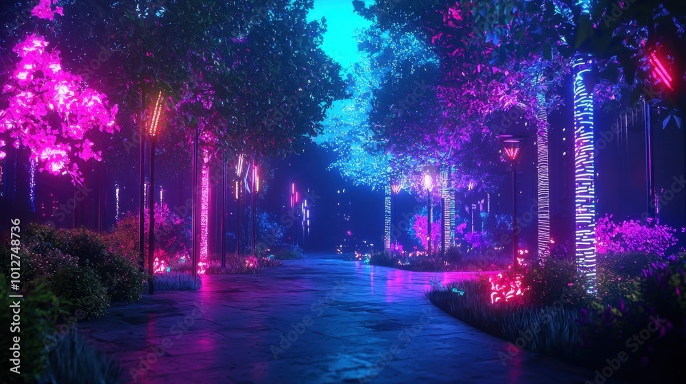 Enchanted neon-lit pathway through a vibrant forest Enchanted neon-lit pathway through a vibrant forest