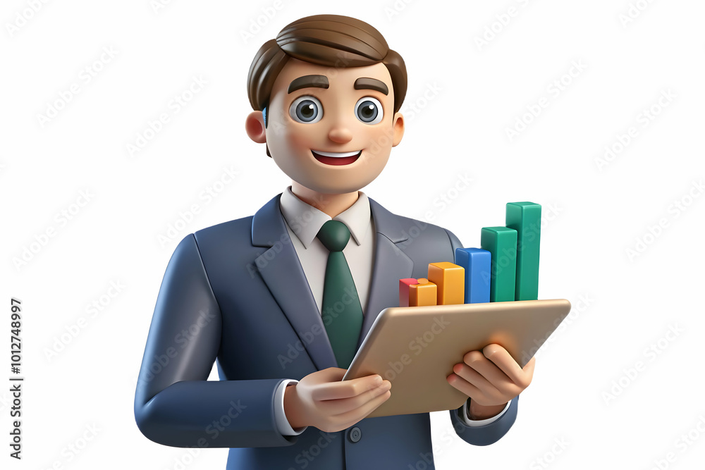 A confident businessperson holding a tablet with financial charts against a glossy white backdrop captured with a slight tilt to emphasize focus and determination. concept as Portrays leadership and f A confident businessperson holding a tablet with financial charts against a glossy white backdrop captured with a slight tilt to emphasize focus and determination. concept as Portrays leadership and f