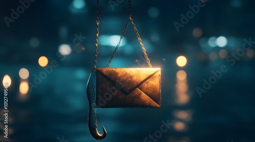 A conceptual image showing a fishing hook disguised as an email icon, intended to warn viewers about the dangers of phishing scams and fraudulent emails photo