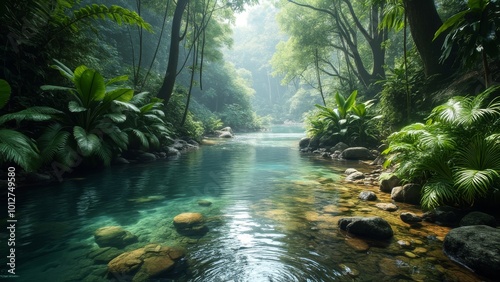 Tropical river landscape with crystal-clear water, lush greenery, and rocks, serene jungle scene in dappled sunlight 