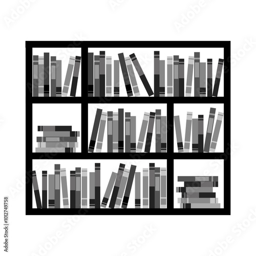 monochrome bookshelf with books