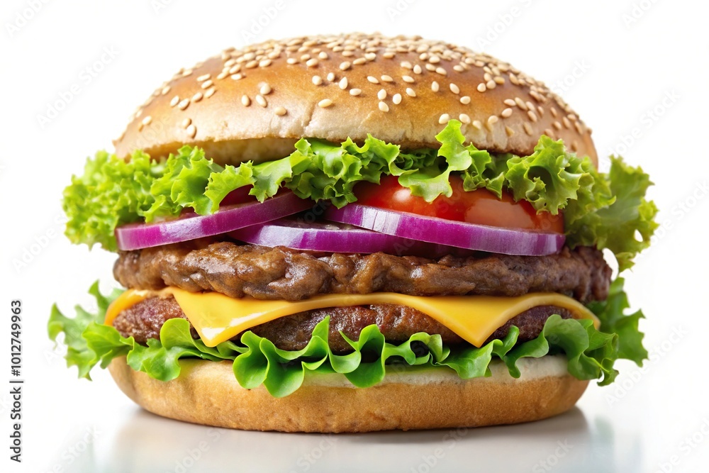 fresh delicious hamburger with beef meat onion lettuce cucumbers cheese white background fresh delicious hamburger with beef meat onion lettuce cucumbers cheese white background