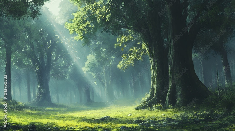 Obraz premium Serene forest scene with sunlight filtering through trees.