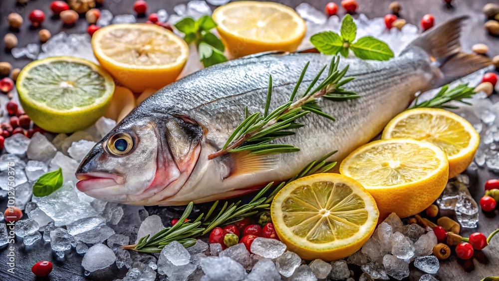 Fresh fish on ice with lemon herbs and spices in a restaurant Fresh fish on ice with lemon herbs and spices in a restaurant