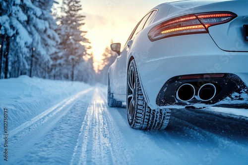 Close up of car tire driving on snowy road in winter