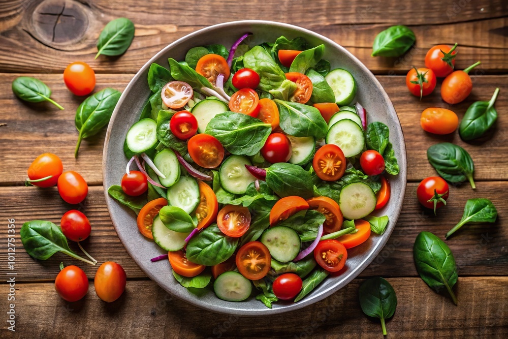Fresh garden salad with cherry tomatoes, cucumbers, spinach and carrots, high angle view Fresh garden salad with cherry tomatoes, cucumbers, spinach and carrots, high angle view