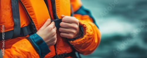 A close-up of a person fastening a bright orange life jacket on a calm water background, highlighting safety and preparedness. photo