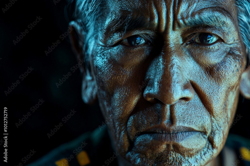A deeply introspective Mayan man, front shot with piercing eyes, captured in hyper-detailed focus, set against a dark, blurred background, showcasing the essence of wisdom. A deeply introspective Mayan man, front shot with piercing eyes, captured in hyper-detailed focus, set against a dark, blurred background, showcasing the essence of wisdom.