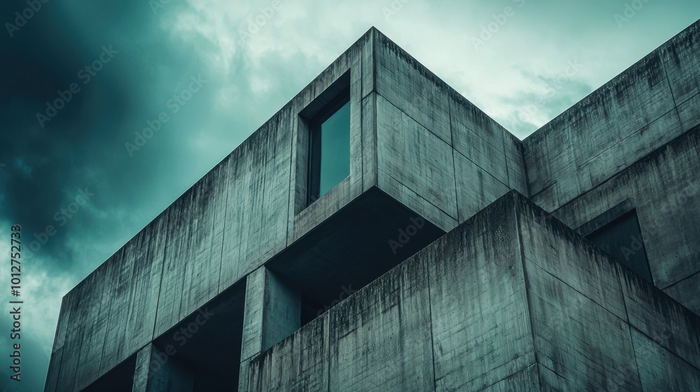 Fototapeta premium Modern concrete architecture under dramatic skies