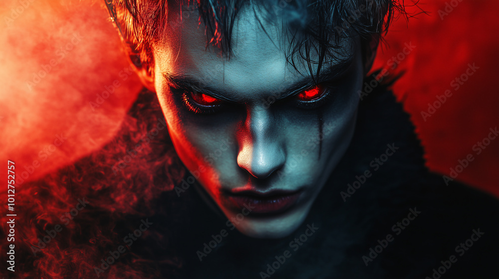 A handsome male vampire with red eyes, fantasy character, for halloween