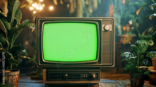 An old television with a green screen sits on a table in a dimly lit room