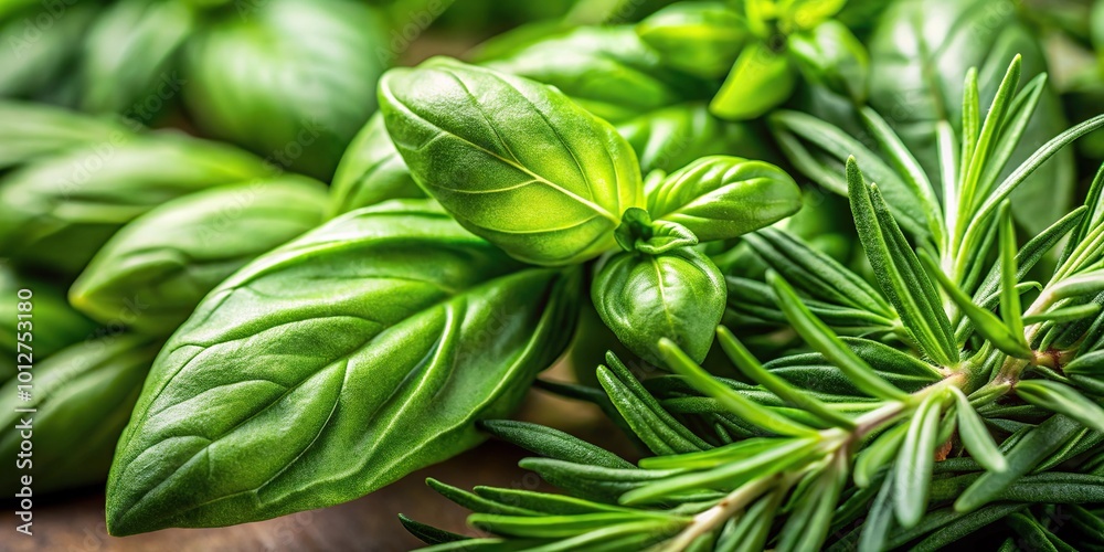 Fresh green basil and rosemary leaves close-up macro Fresh green basil and rosemary leaves close-up macro