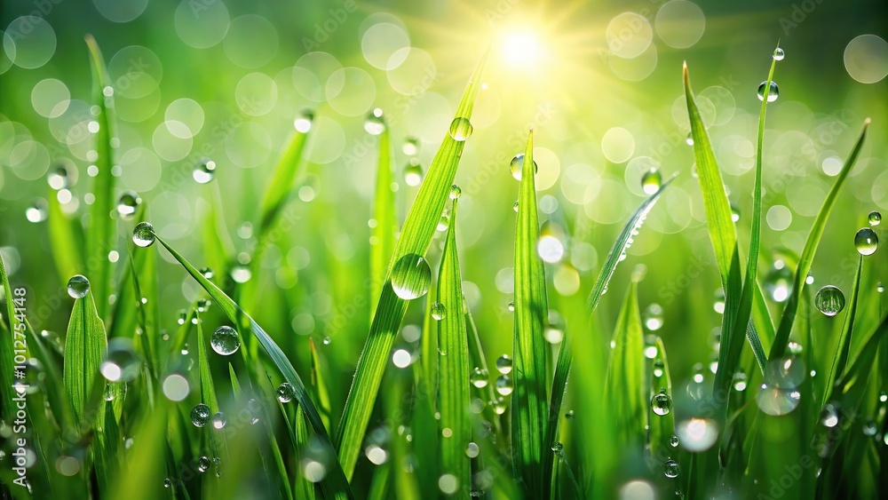 Fototapeta premium Fresh green grass and water drops in sunlight
