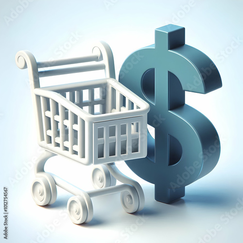 3D Isolated Shopping Cart and Dollar Sign Vector concept as A minimalist vector design featuring a shopping cart paired with a dollar sign isolated on a white background. The design emphasizes the con