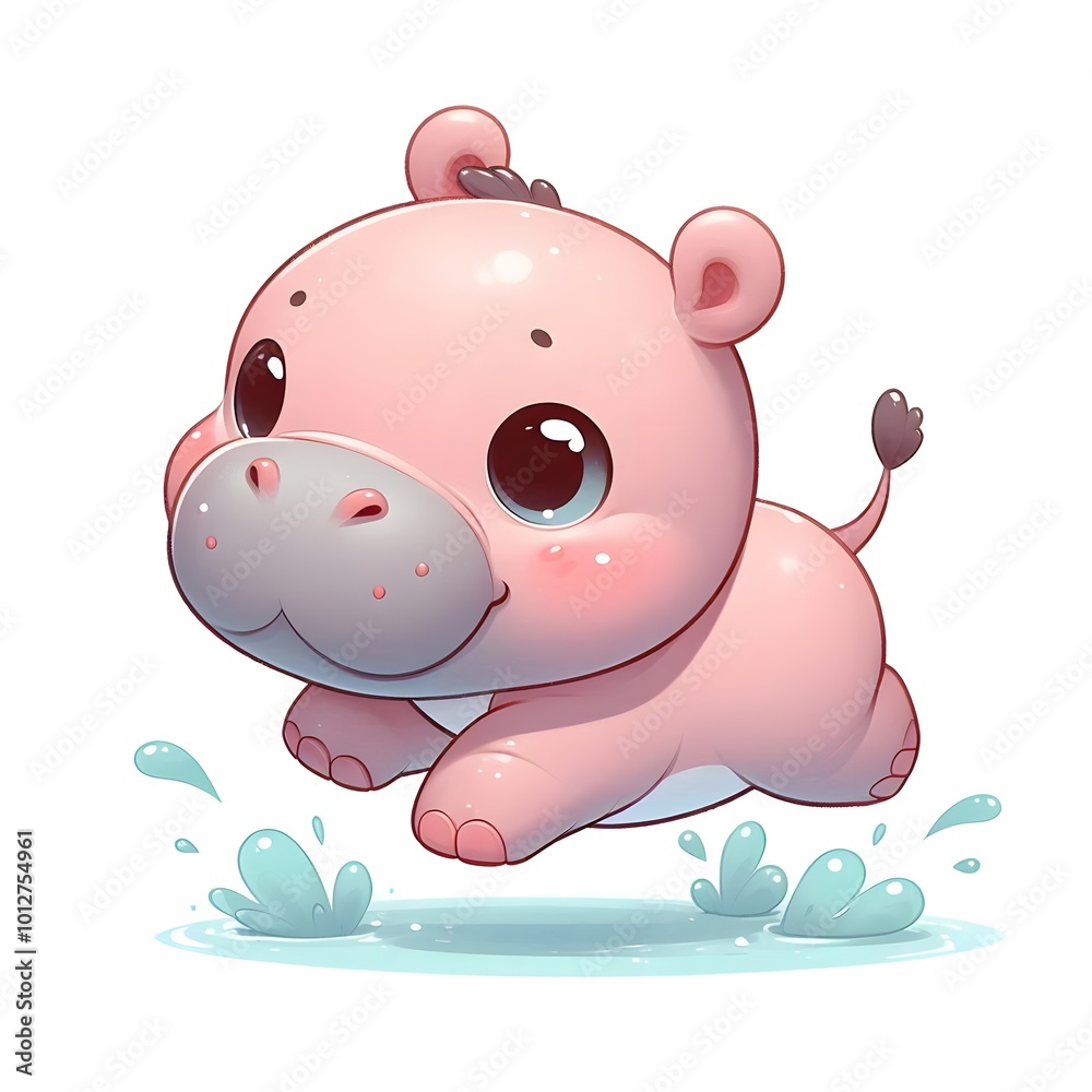 Fototapeta premium Cute Cartoon Hippopotamus Jumping in Water