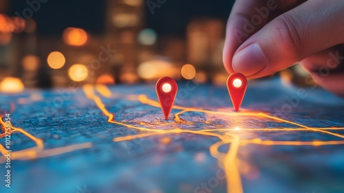 A digital hand places two pins on a map, illustrating AI in GPS technology, innovation in delivery, and future transport logistics, emphasizing accuracy and efficiency in route path and map location photo