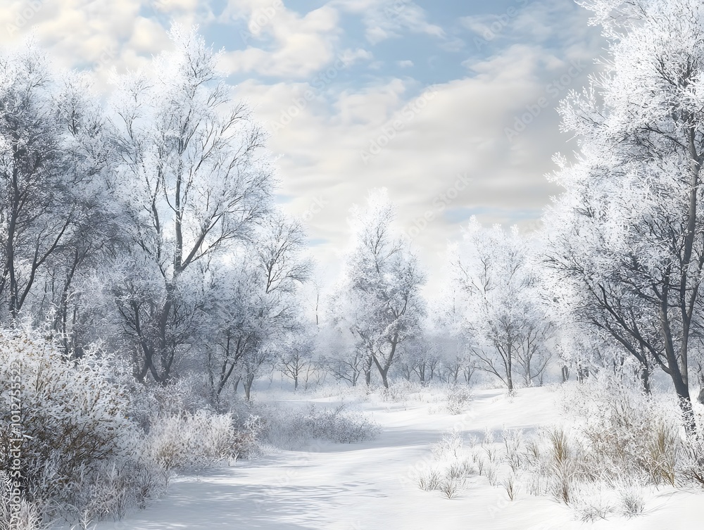 A serene winter landscape with frosted trees and a snowy path. A serene winter landscape with frosted trees and a snowy path.