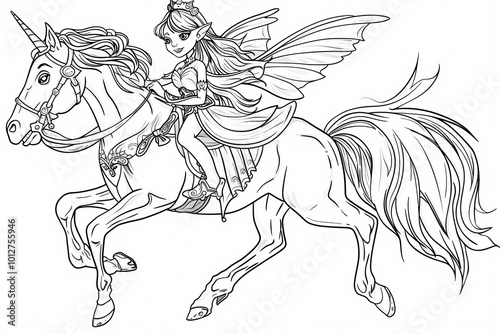 Wallpaper Mural A whimsical young female fairy with butterfly wings joyfully rides a majestic unicorn through a magical landscape. Perfect for coloring! Torontodigital.ca