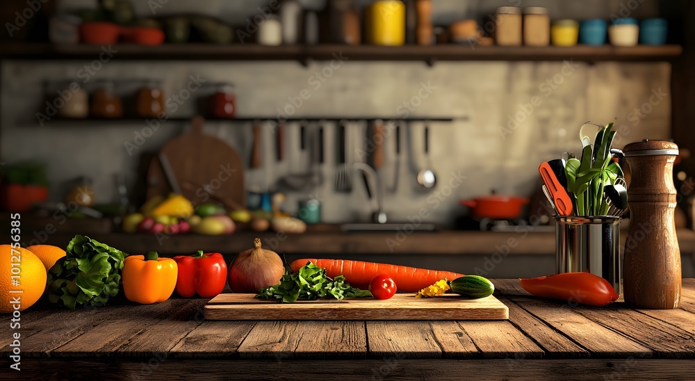 Rustic Kitchen Countertop with Fresh Produce and Wooden Cutting Board Rustic Kitchen Countertop with Fresh Produce and Wooden Cutting Board