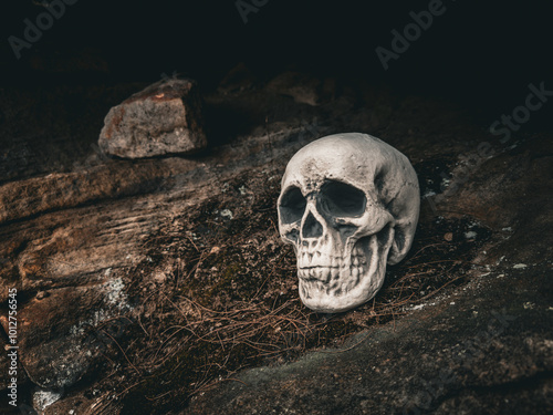 Halloween Skull, Mystery. Tropical background. Spooky time. photo