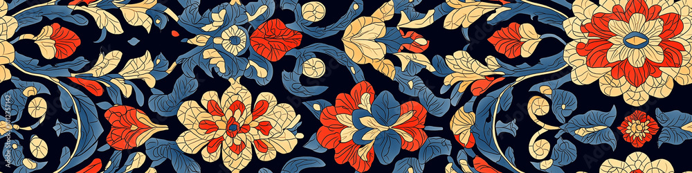 Craft a seamless Iznik-inspired pattern with detailed hand-painted motifs and continuous symmetry in a rich color palette Craft a seamless Iznik-inspired pattern with detailed hand-painted motifs and continuous symmetry in a rich color palette