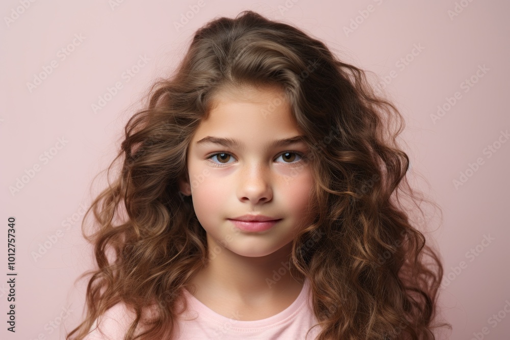 Portrait of a cute little girl with long curly hair on a pink background