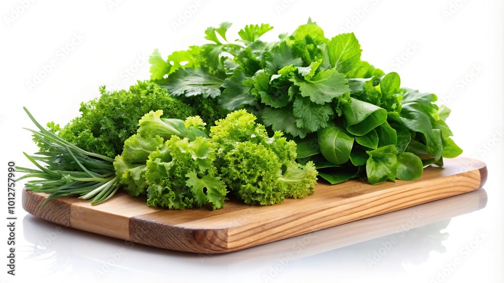 Fresh greens on a cutting board isolated on a white background Fresh greens on a cutting board isolated on a white background