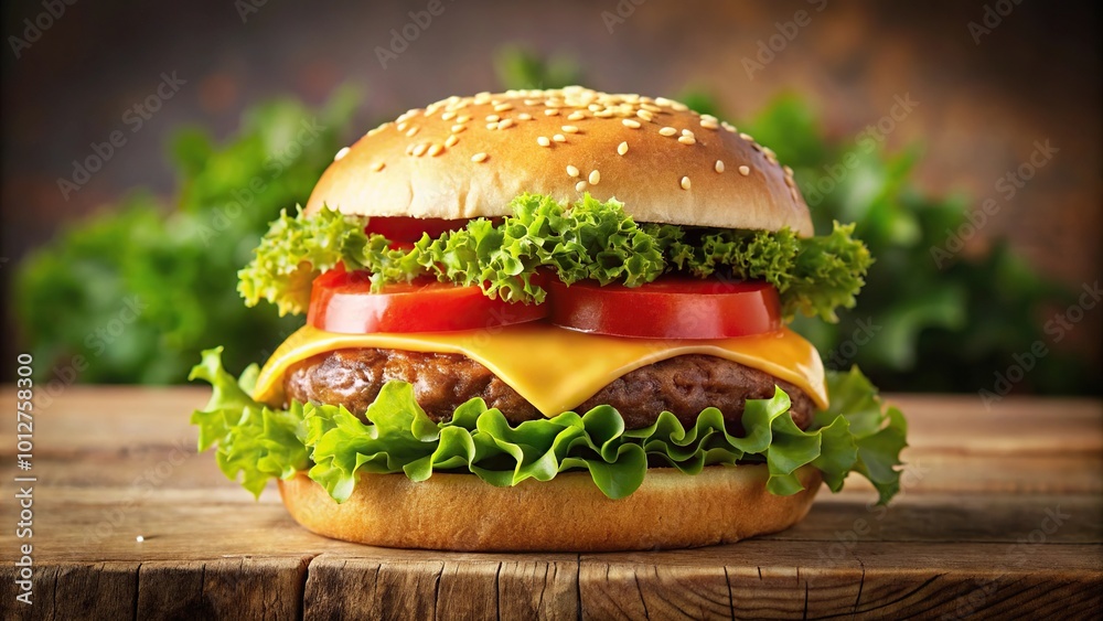 Fresh hamburger with lettuce, tomato, and melted cheese Fresh hamburger with lettuce, tomato, and melted cheese