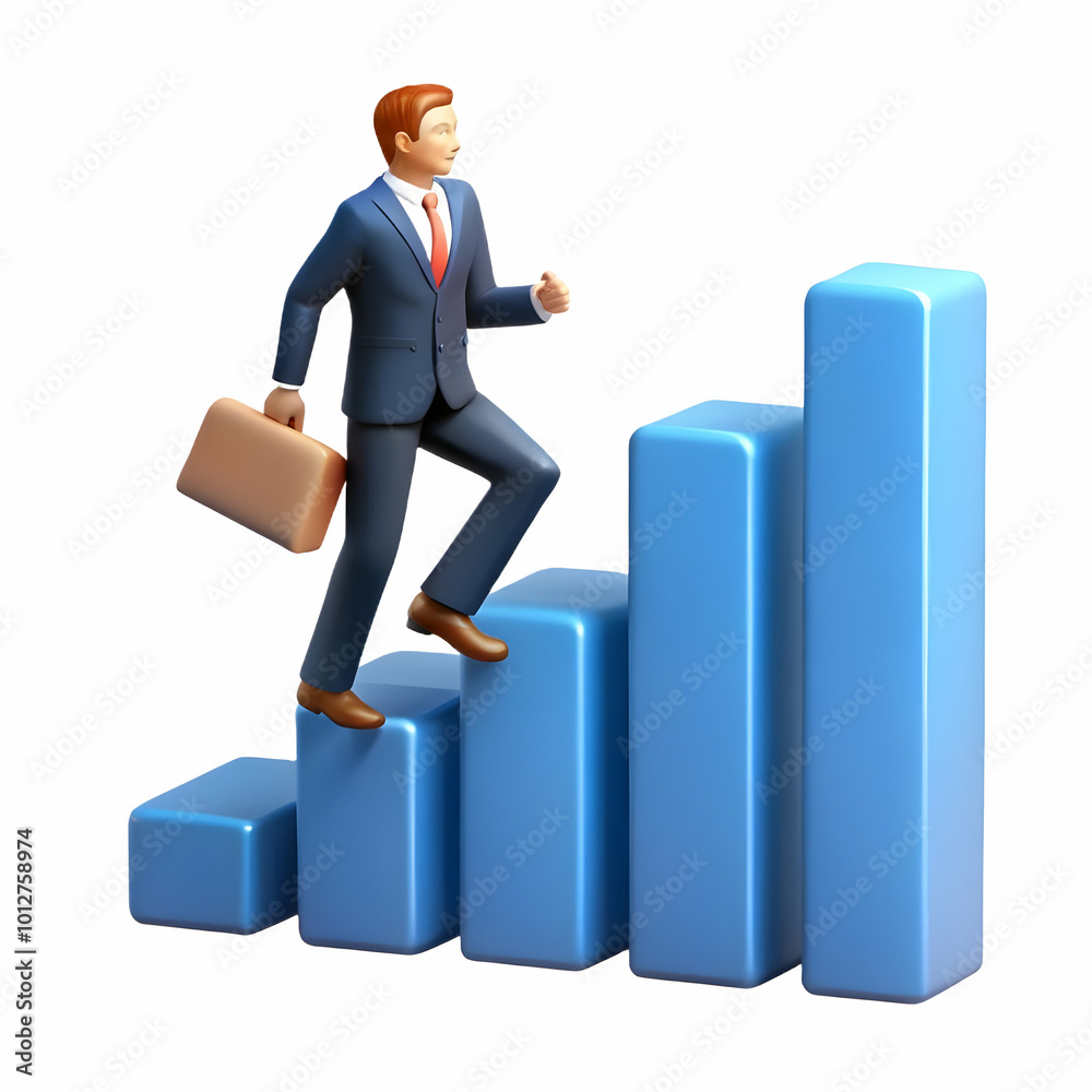 Businessman Climbing Staircase of Bar Graphs Symbolizing Growth - Creative Photography for Business Progress Concept with Minimalistic Background and Copy Space Businessman Climbing Staircase of Bar Graphs Symbolizing Growth - Creative Photography for Business Progress Concept with Minimalistic Background and Copy Space