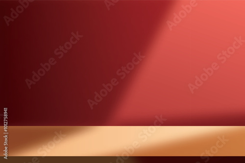 Empty table display on dark red wall. Background with window light and shadow. Mockup for presentation, branding products, cosmetics, food, technology or jewelry. Premium background