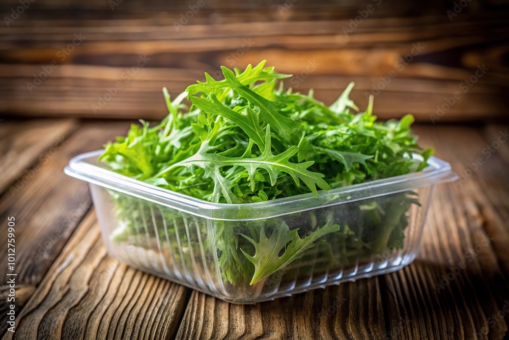 Fresh Japanese mizuna salad leaves in plastic container on rustic background Fresh Japanese mizuna salad leaves in plastic container on rustic background