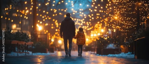 A heartwarming scene of a parent and child walking hand in hand under glowing holiday lights in a charming winter setting. photo