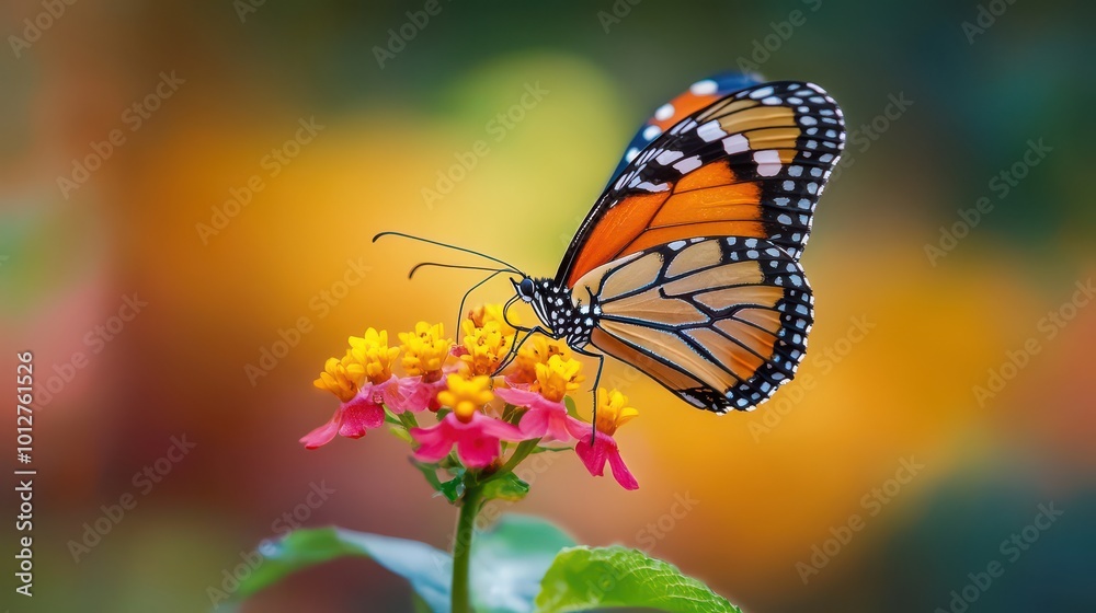 Fototapeta premium Butterfly on Flower with Vibrant Background
