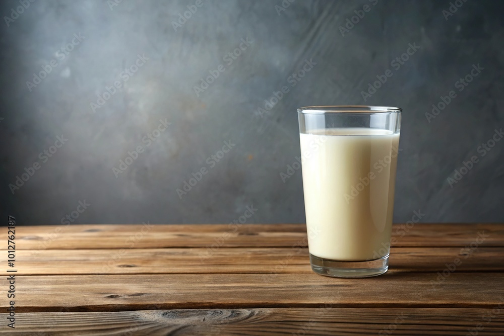 Fresh milk in minimalist glass on wooden table for breakfast Fresh milk in minimalist glass on wooden table for breakfast