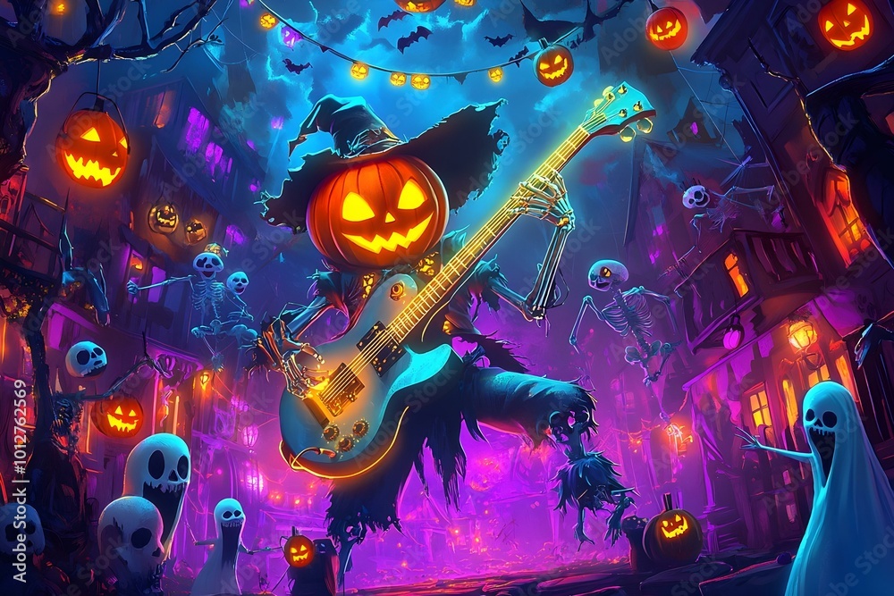 Obraz premium halloween pumpkin musician witch jack o lantern evil face background wallpaper fright tradition culture fantasy art