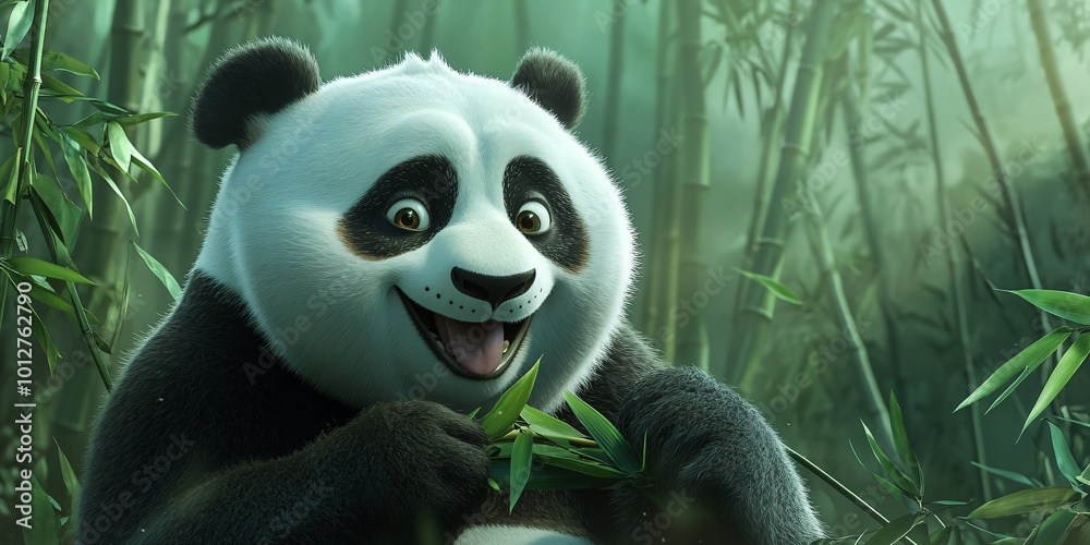 Obraz premium A cute panda bear with a big smile eats bamboo shoots in a lush green forest.