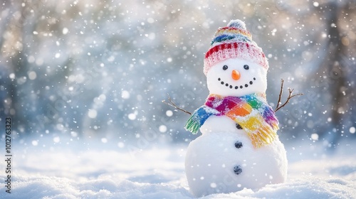 Cheerful Snowman with Vibrant Scarf in Winter Park During Soft Snowfall