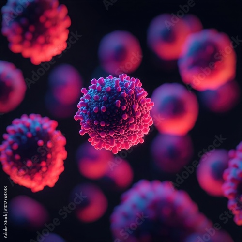 A vibrant, microscopic view of colorful spherical viruses, showcasing intricate structures against a dark background.