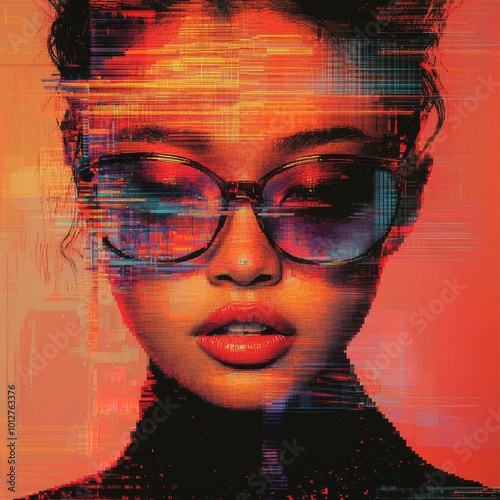 Glitch Art Portrait of Woman in Sunglasses Red and Blue Colors