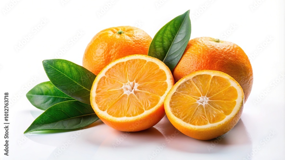 Fresh orange slices with leaves on white isolated background, reflected Fresh orange slices with leaves on white isolated background, reflected